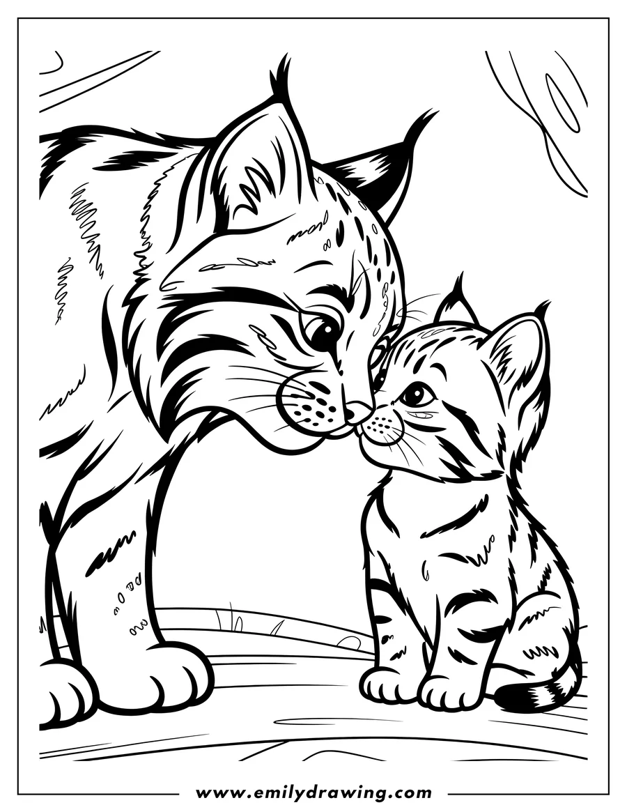 Outline of two bobcats touching noses. The larger bobcat leans down towards the smaller one, creating a heartwarming scene.