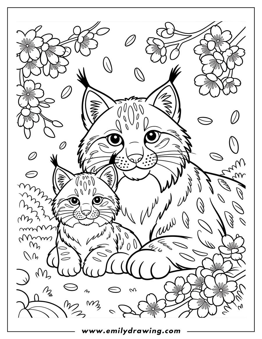 Outline of two bobcats, one adult and one cub, sitting beneath cherry blossom branches with falling petals.