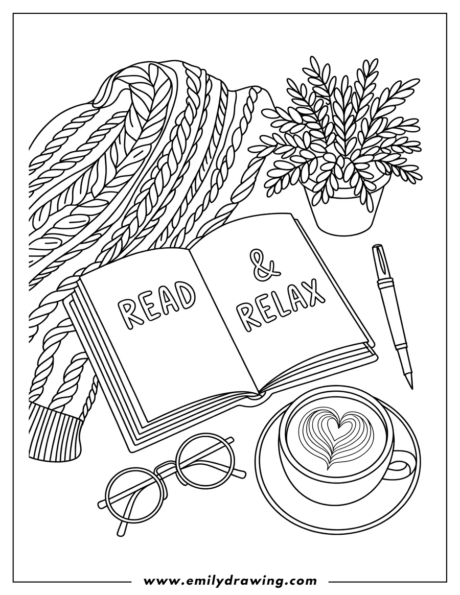 Line art of a cozy scene with an open book, coffee, glasses, a pen, a blanket, and a potted plant.