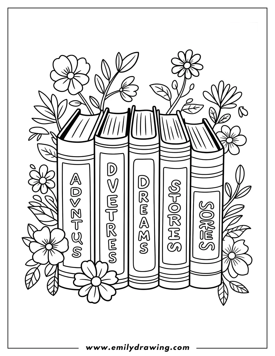 Line art of four books stacked together, decorated with flowers and leaves. The spines of the books have the words 'Adventures', 'Dreams', 'Stories', and 'Series' written on them.