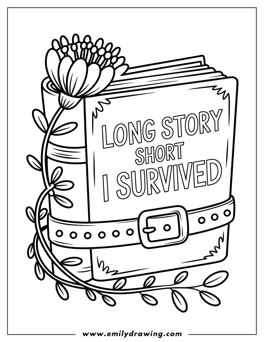 Outline of a thick book with a flower tucked into its pages, secured by a belt. The book proclaims 