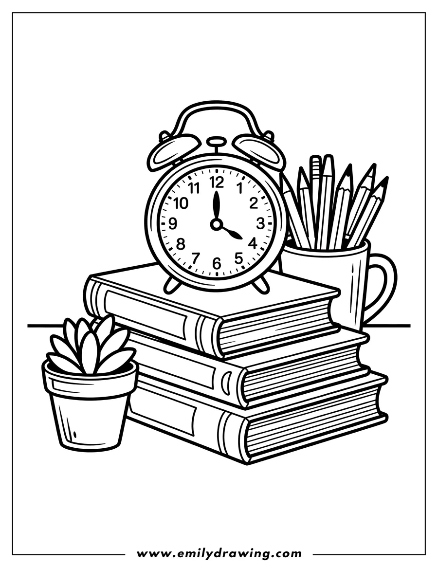 Line art of a stack of books with an alarm clock on top, a potted plant, and a mug of pencils.