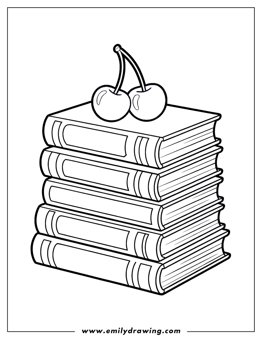 Outline of a stack of books with two cherries on top.
