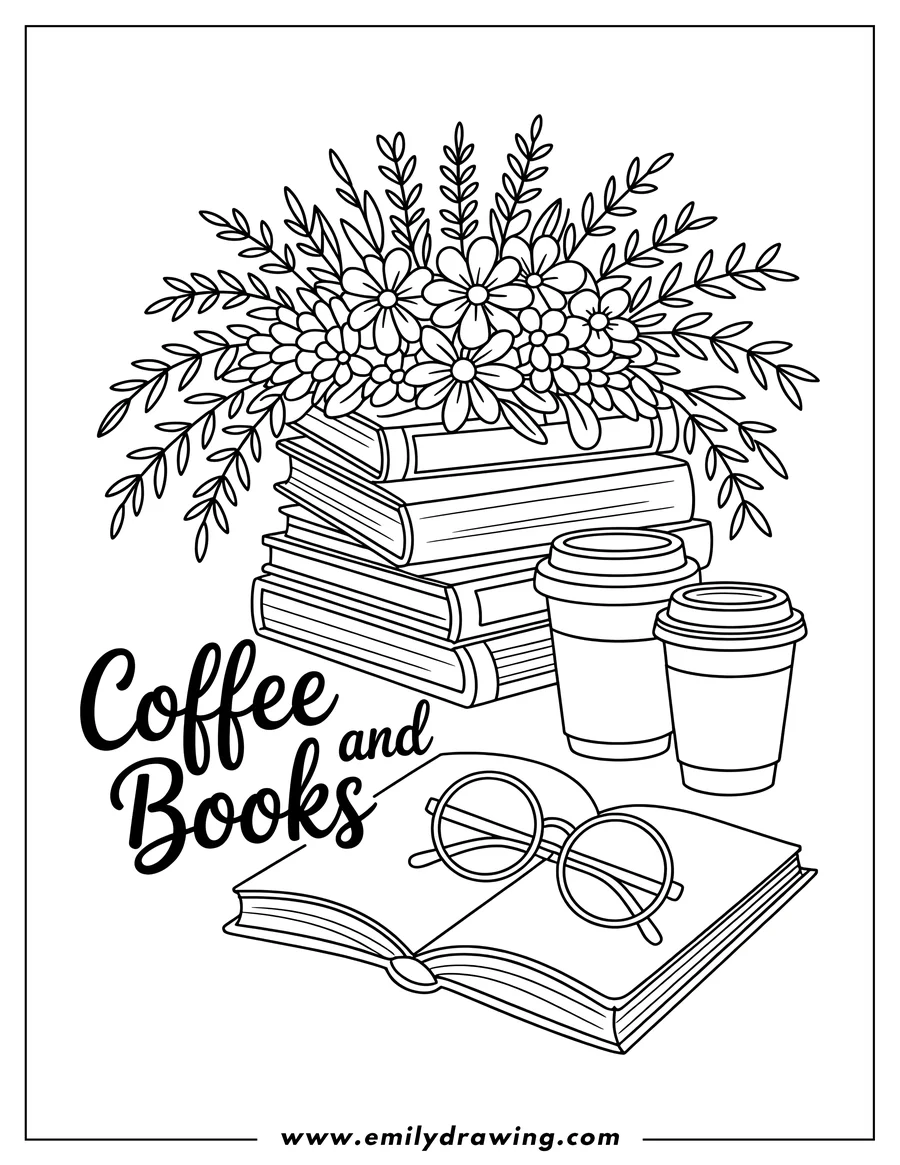 Line art illustration of a stack of books topped with flowers, two coffee cups, and an open book with glasses resting on it.