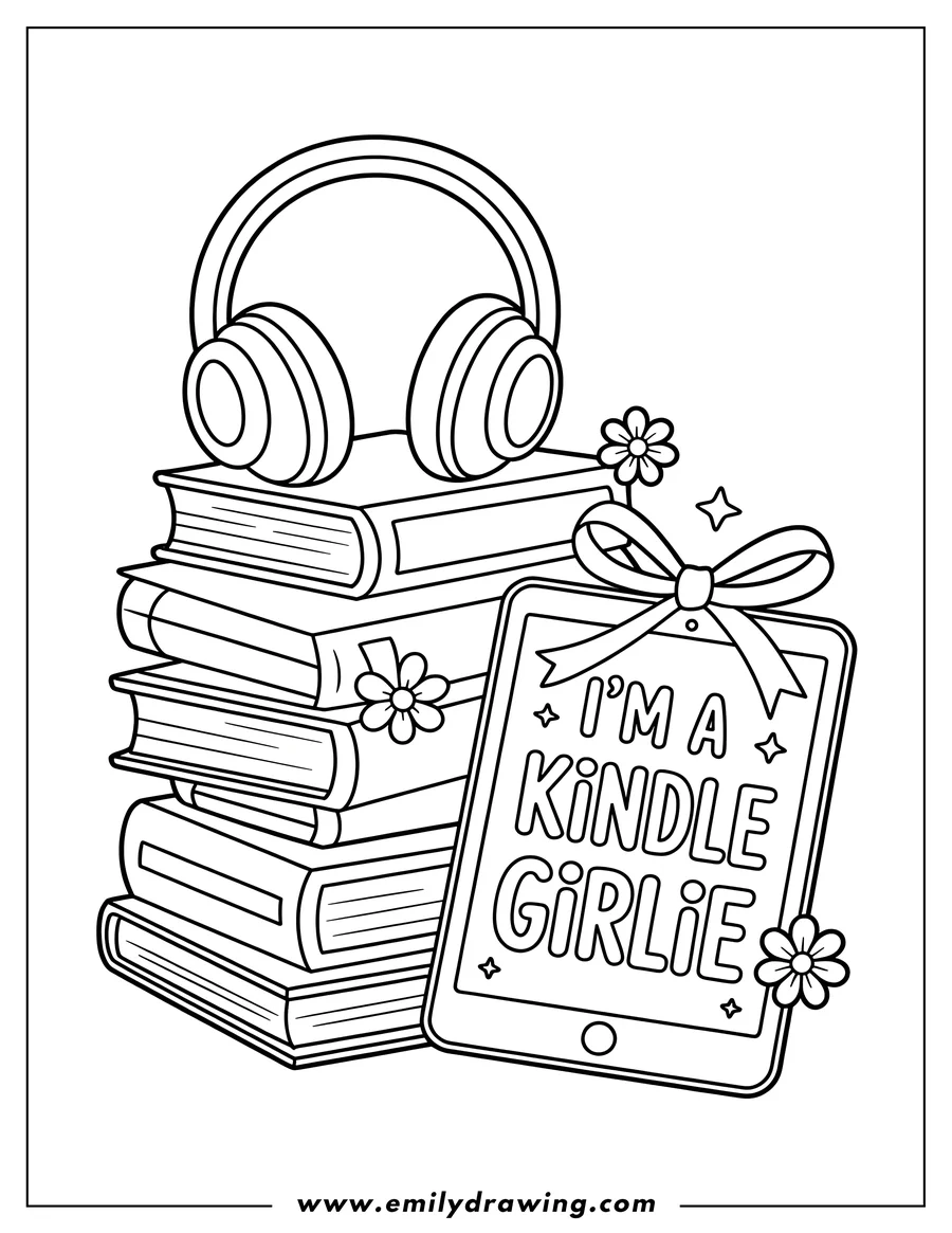 Line art of a stack of books with headphones on top and an e-reader with a bow next to it. Text on the e-reader reads 'I'm a Kindle Girlie'.