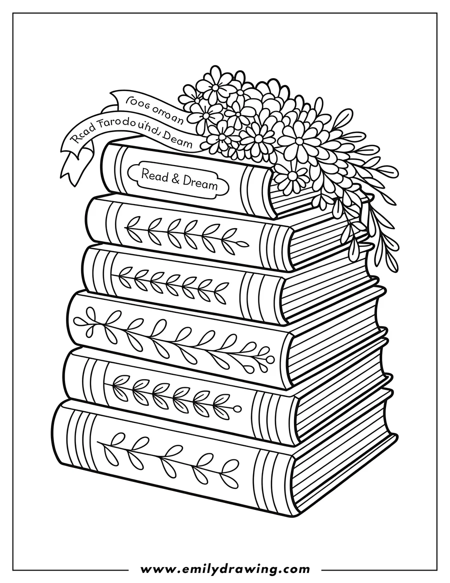 Outline of a stack of books decorated with flowers. A ribbon bookmark says 'Read & Dream'.
