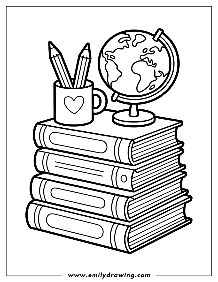 Line art of a stack of books with a globe and pencils in a cup on top.