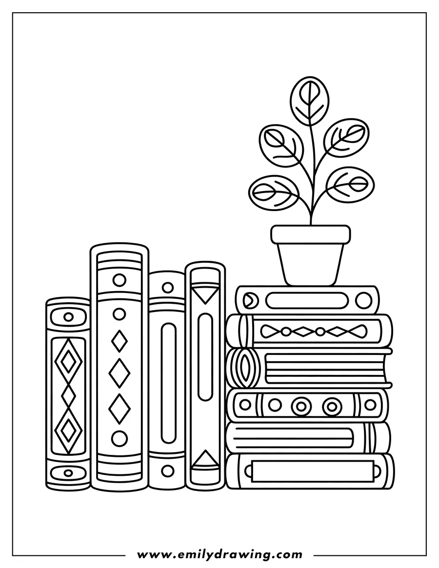 Outline of a stack of books with a small potted plant on top.