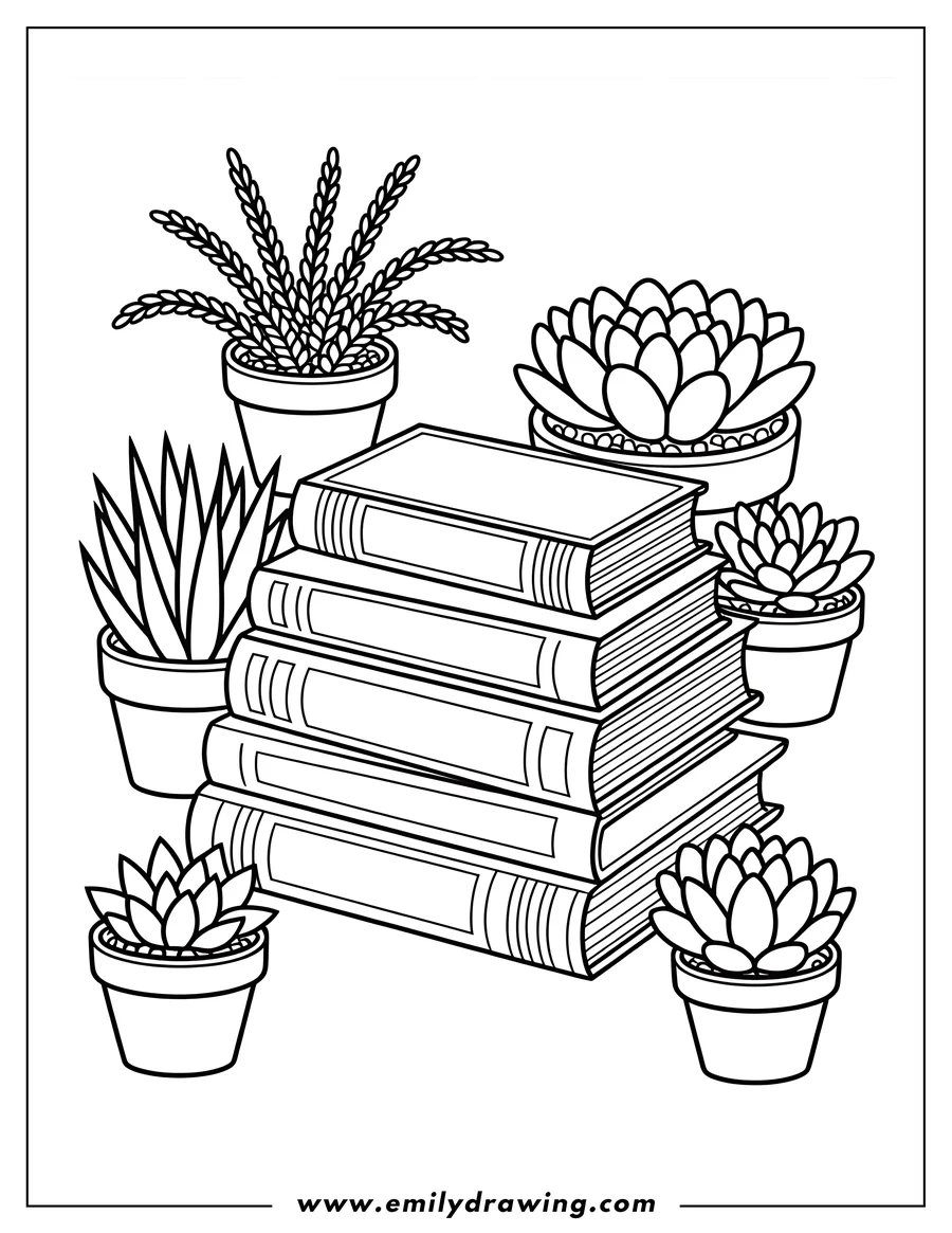 Outline of a stack of books surrounded by potted succulents.