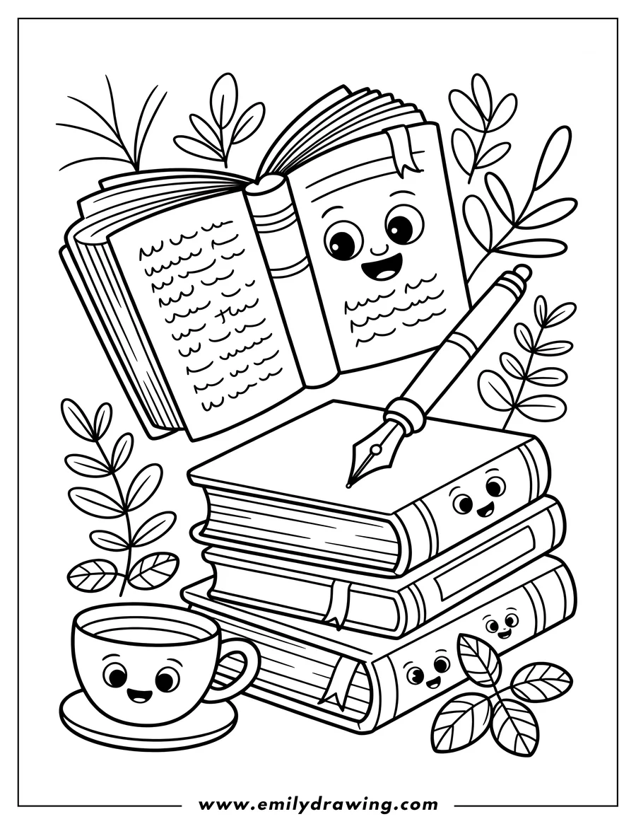 Line art of a stack of books with smiling faces, an open book, a fountain pen, a smiling teacup, and decorative plants.