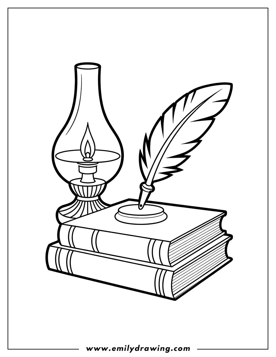 Outline of two books, a quill pen in an inkwell, and a lit oil lamp.