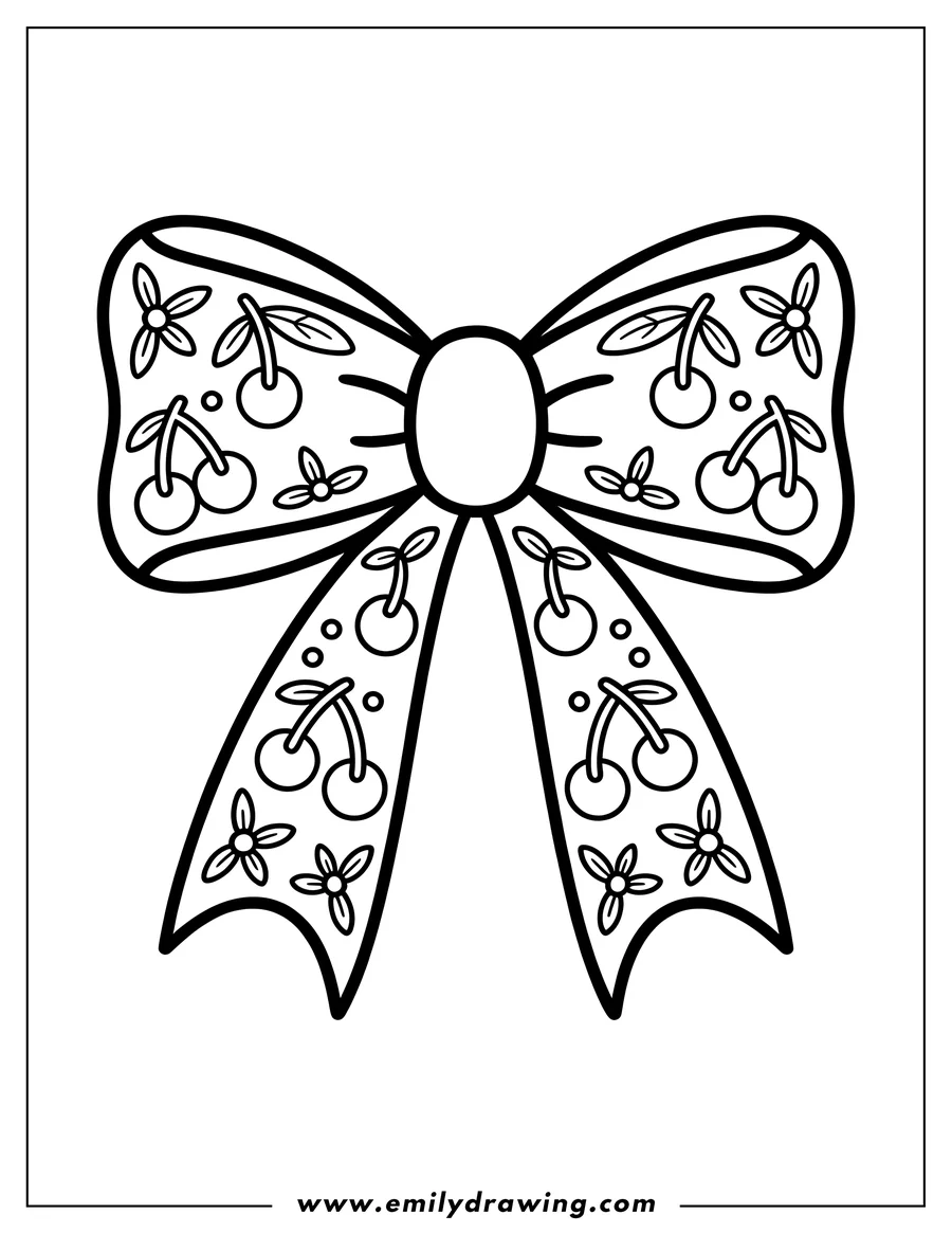 Line art of a bow decorated with cherries and small flowers.