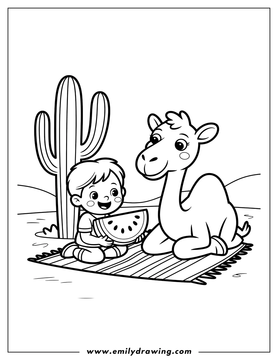 Line art of a boy offering a slice of watermelon to a sitting camel on a striped rug in a desert setting with a cactus in the background.