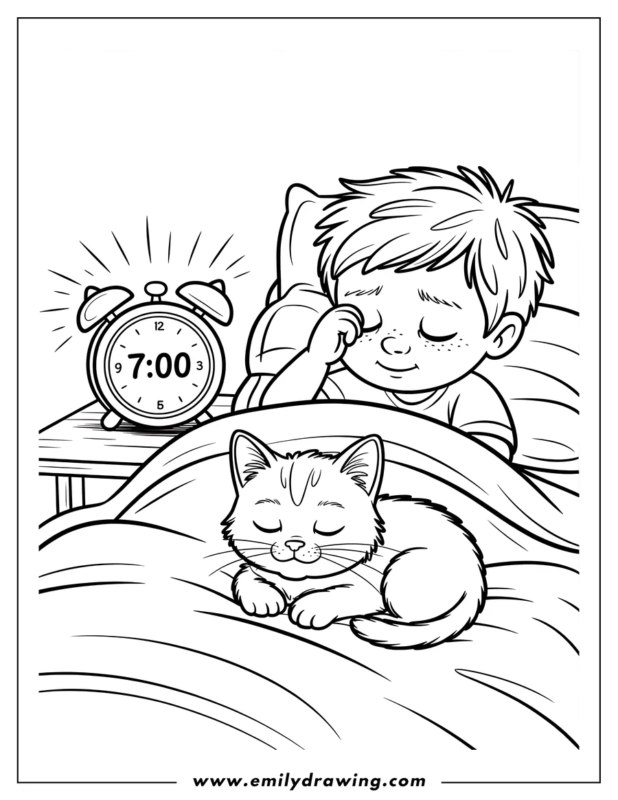 Line art of a boy and a cat sleeping in bed. An alarm clock on the nightstand shows 7:00.