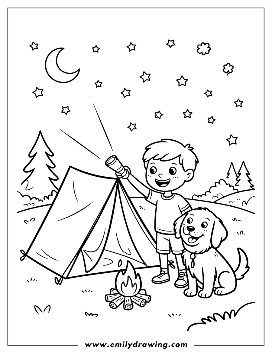 Line art of a boy and his dog camping at night. The boy holds a flashlight, a campfire burns brightly, and a tent is set up nearby under a starry sky.