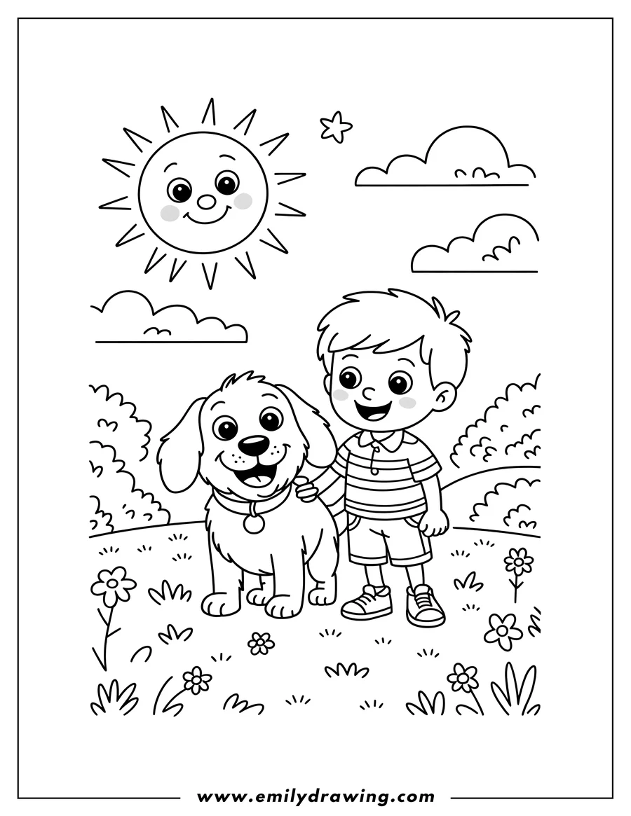 Line art of a boy with his arm around a dog, standing in a field of flowers beneath a smiling sun and some fluffy clouds.