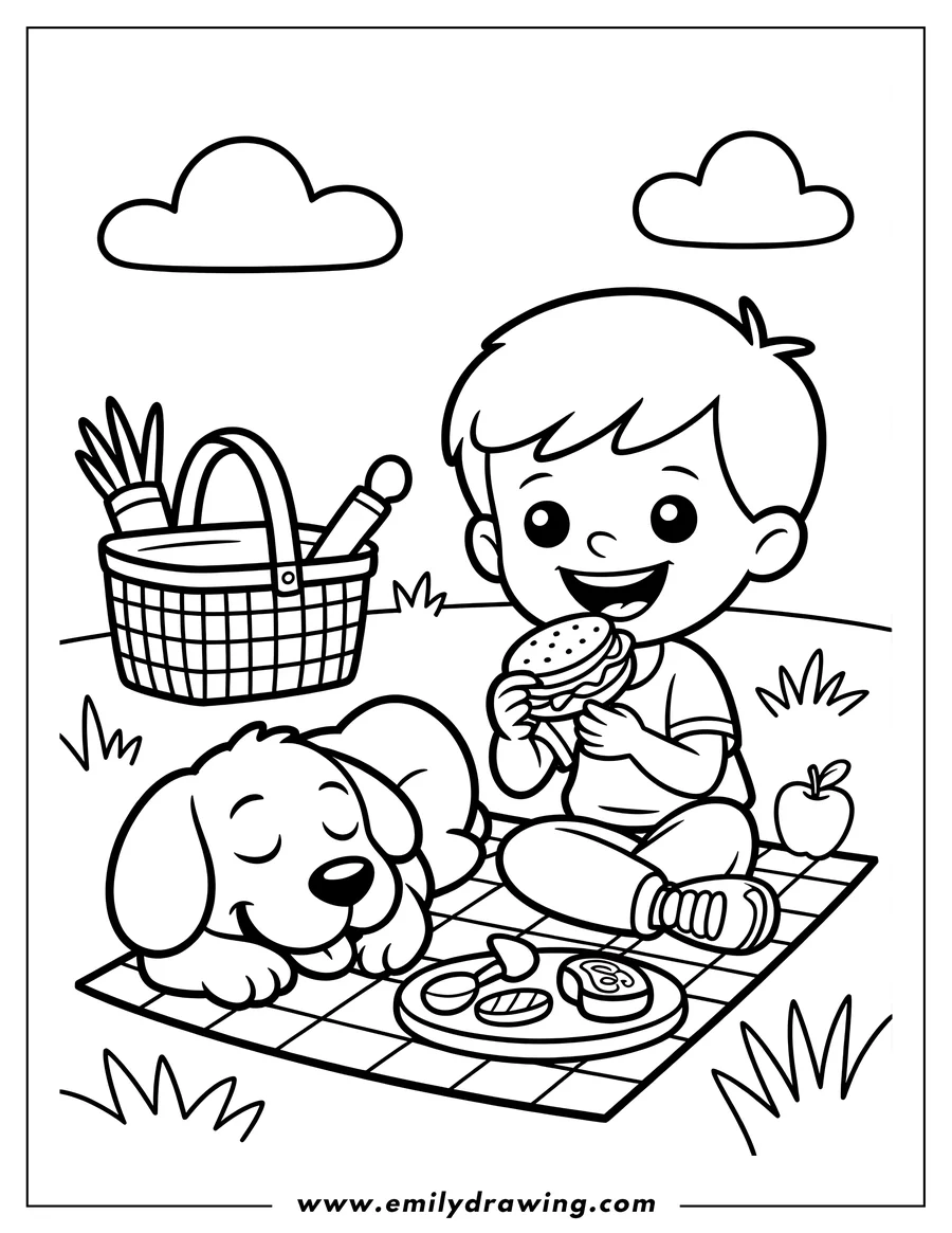 Line art of a boy and his dog enjoying a picnic. The boy is eating a burger while the dog sleeps nearby.  A picnic basket, blanket, and food items are also shown.
