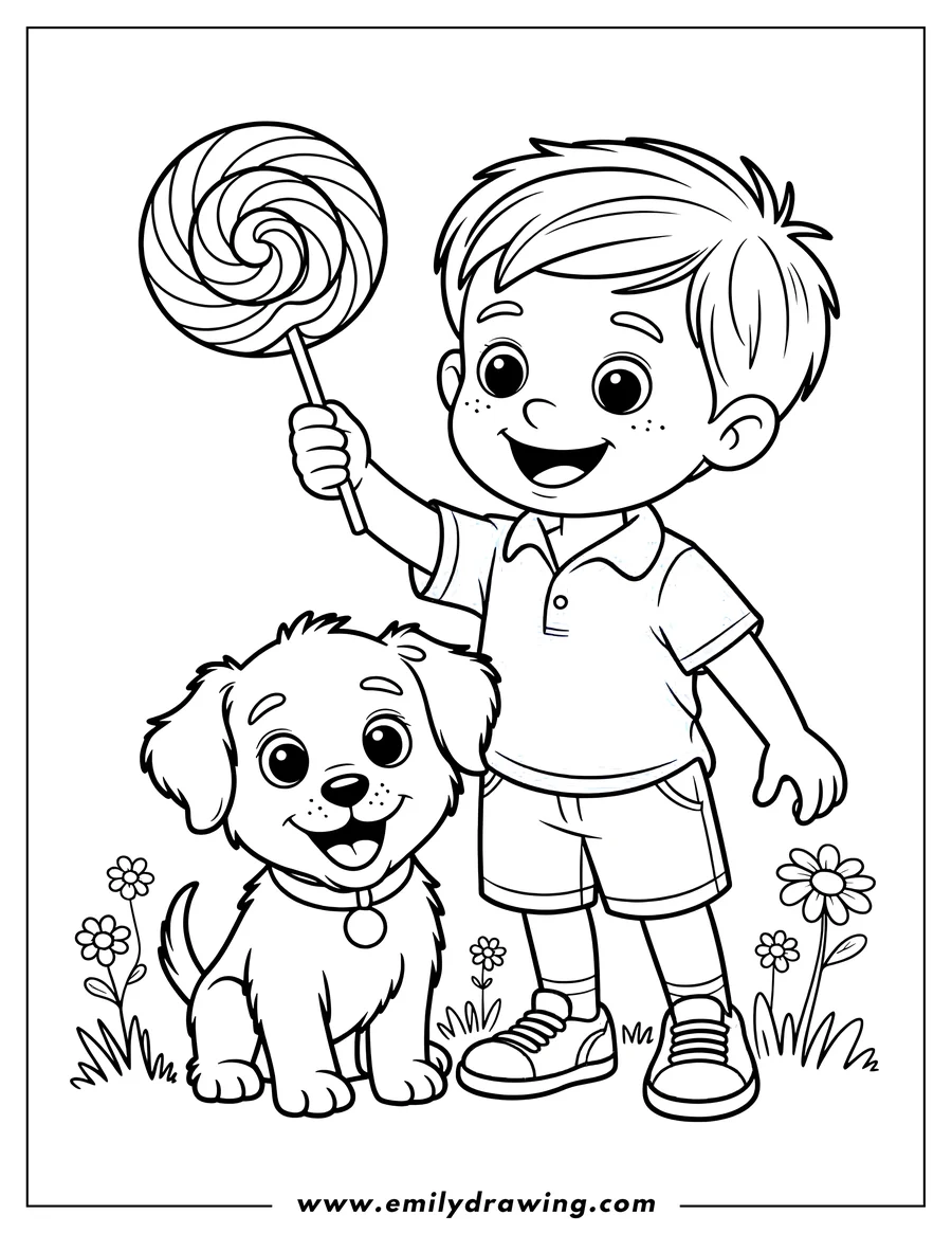 Line art of a boy holding a lollipop, standing next to a puppy in a field of flowers.