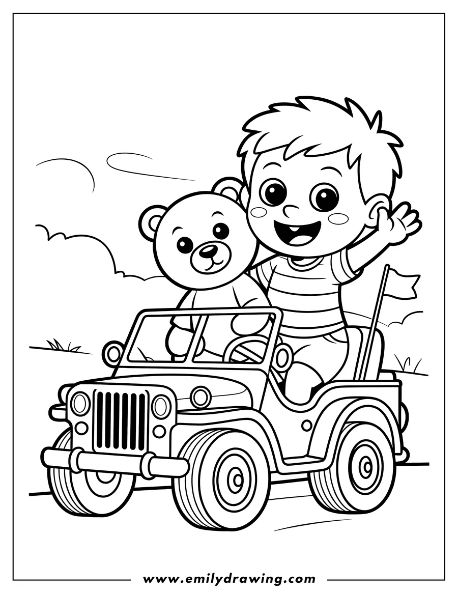Line art of a boy with his teddy bear riding in a jeep and waving. The jeep has a small flag attached.