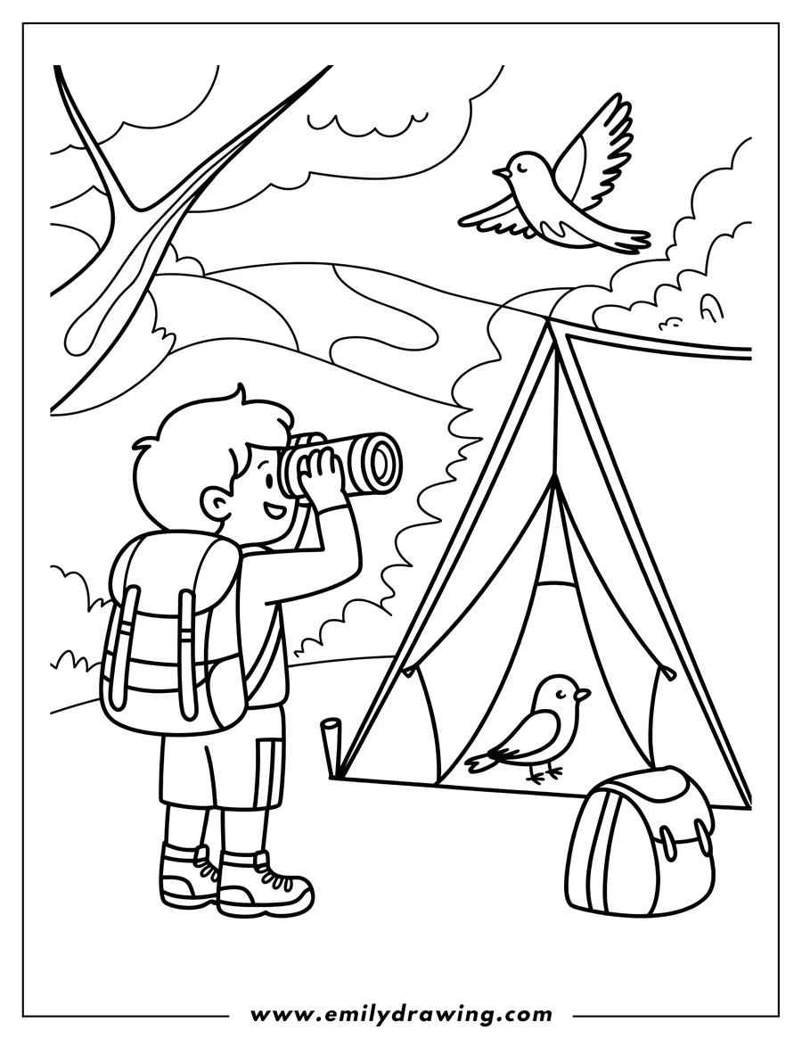 Line art of a young boy with binoculars and a backpack birdwatching near a campsite and tent with a bird on the ground beside it and another bird flying overhead.