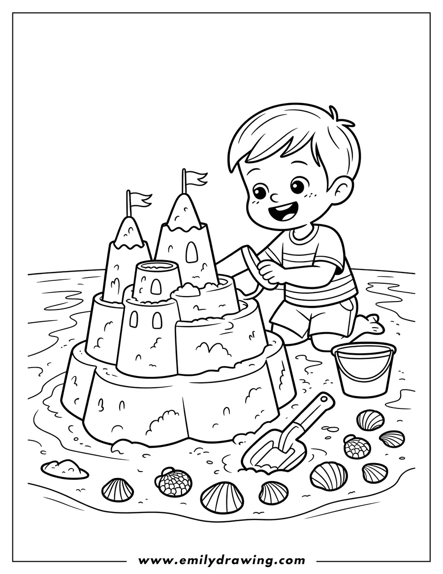 Line art of a young boy building a sandcastle on the beach with a shovel and bucket, surrounded by seashells.