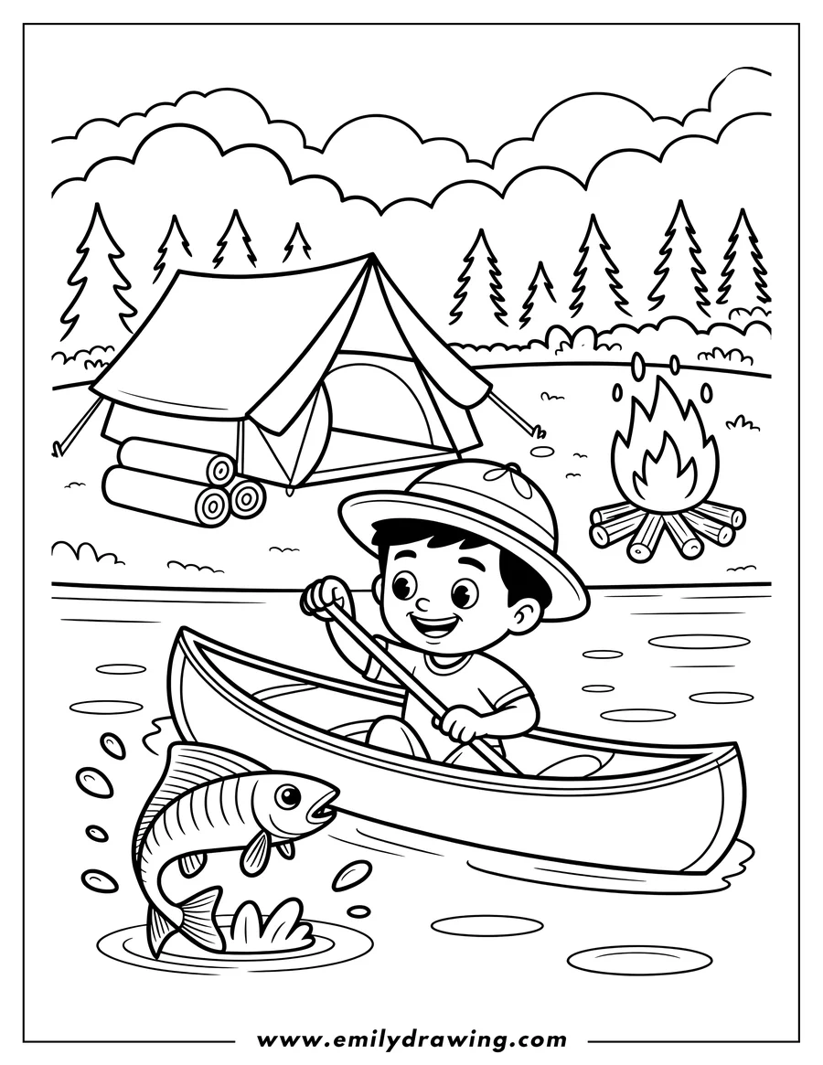 Line art of a boy canoeing on a lake at a campsite.  A tent and campfire are on the shore behind him. A fish jumps in the water near the canoe.