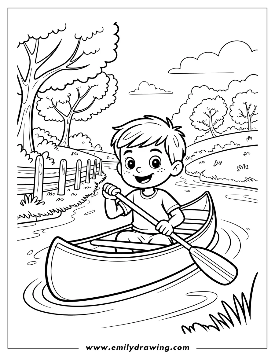 Line art of a boy happily canoeing down a river.