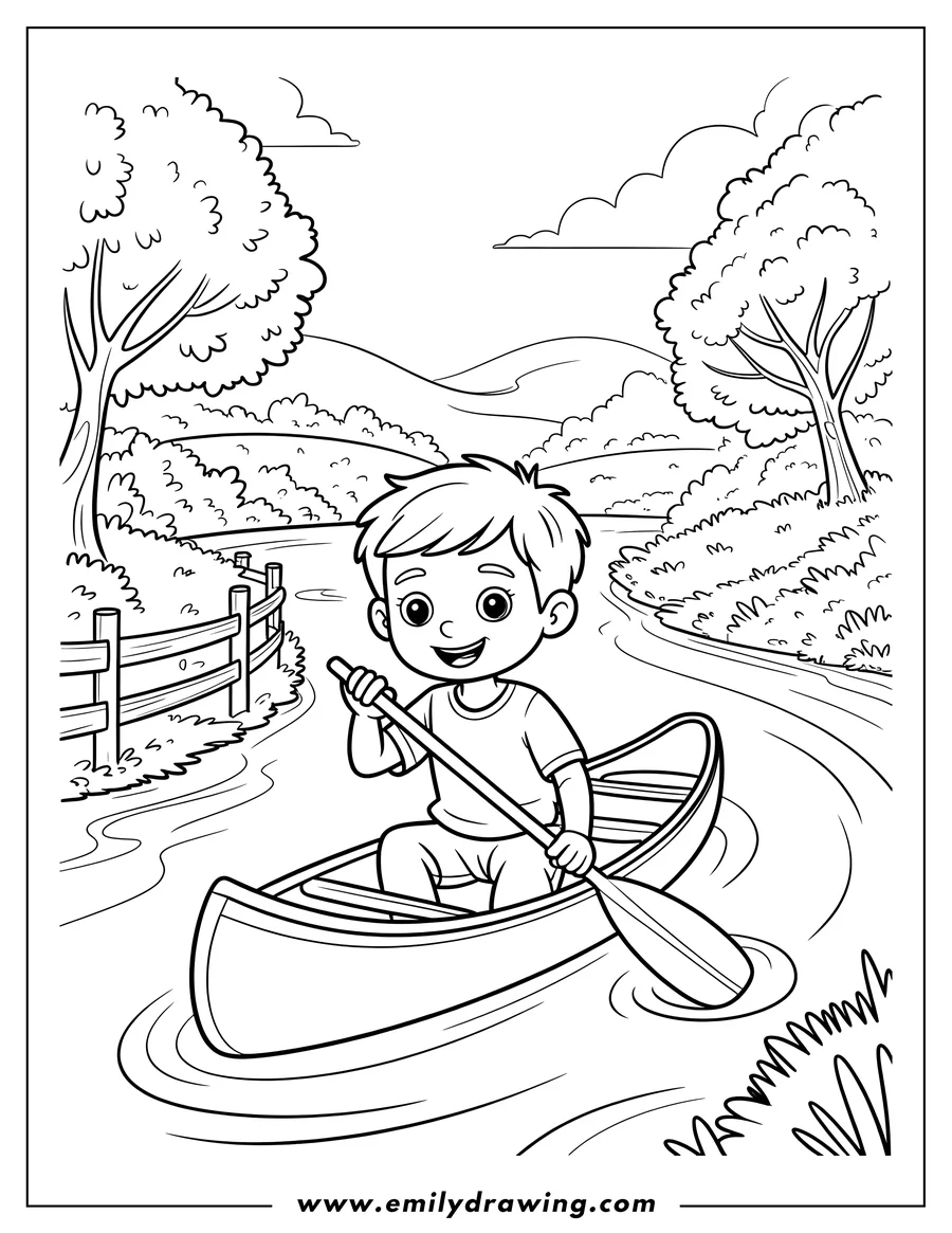 Outline of a boy paddling a canoe on a gently flowing river. Trees, a fence, and grassy riverbanks create a peaceful outdoor scene.