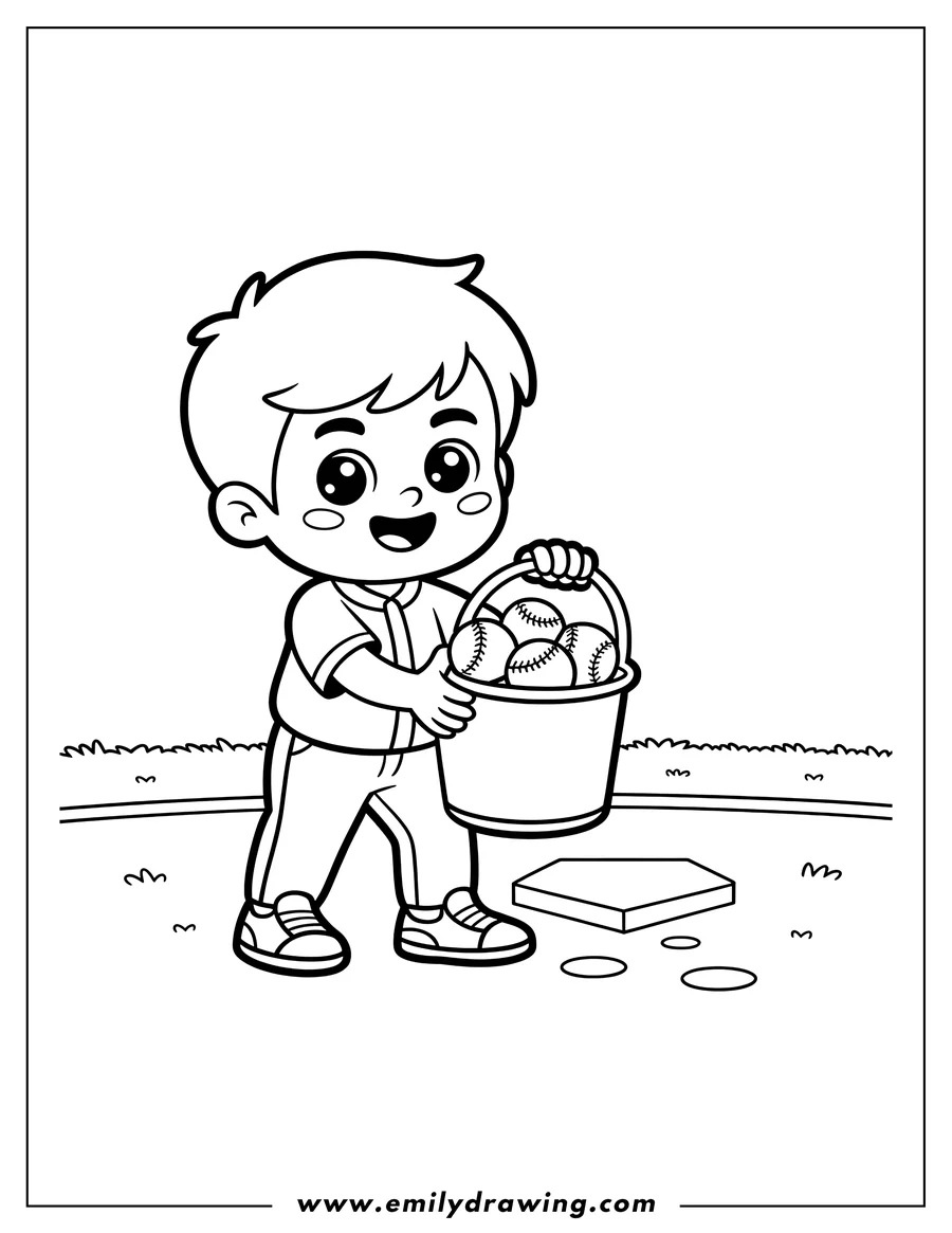 Line art of a boy carrying a bucket overflowing with baseballs near a baseball base.