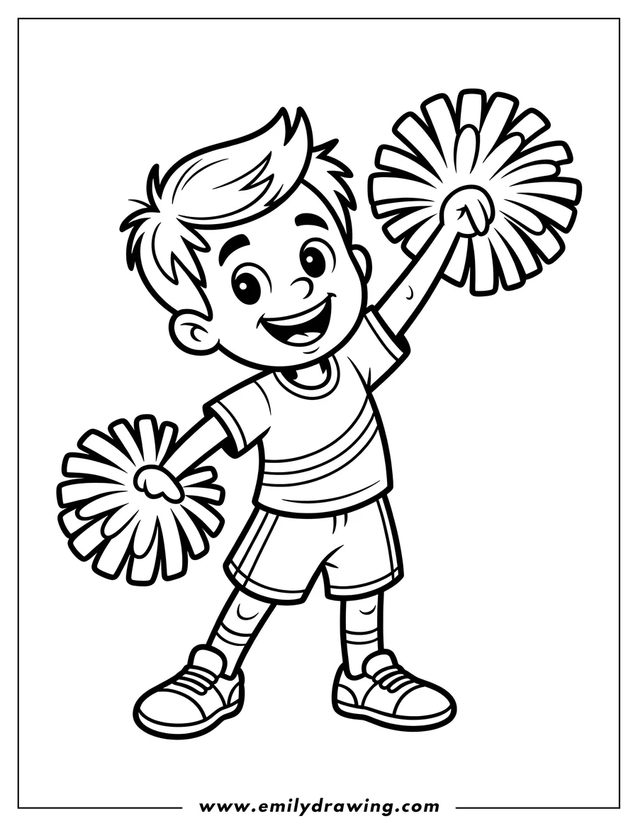 Line art of a cheerful boy holding pom-poms, ready to cheer.