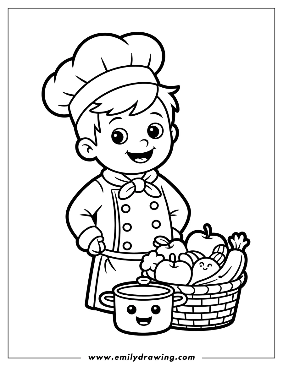 Outline of a young boy chef wearing a chef's hat and apron, standing next to a basket of fruits and vegetables and a cooking pot.
