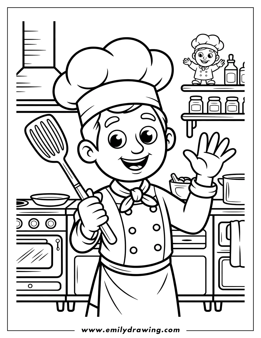 Line art of a young boy chef wearing a chef's hat and apron, holding a spatula and waving in a kitchen setting.
