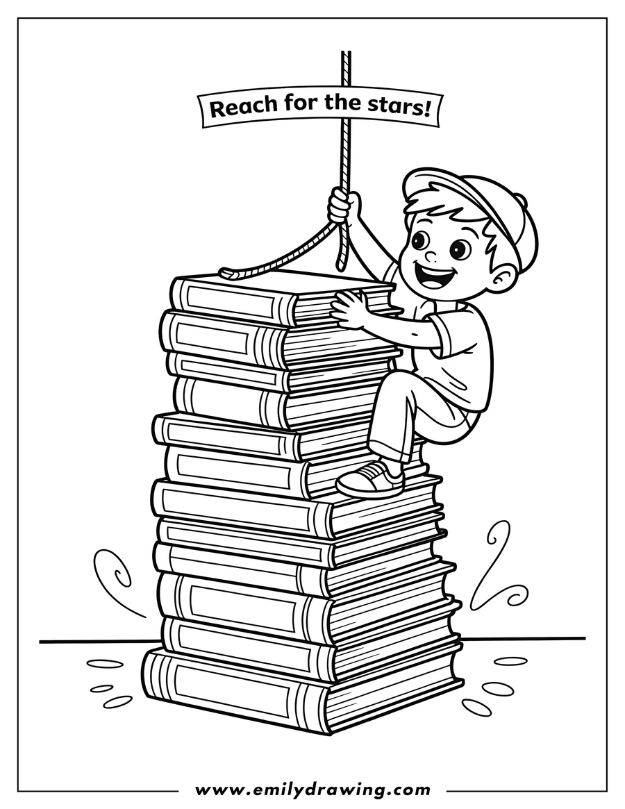 Line art of a boy climbing a tall stack of books, reaching for a rope labeled 