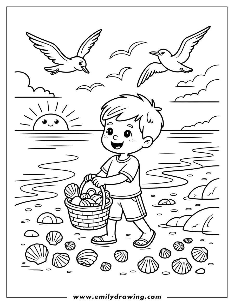 Outline of a boy collecting seashells in a basket on the beach at sunset, with two seagulls overhead.