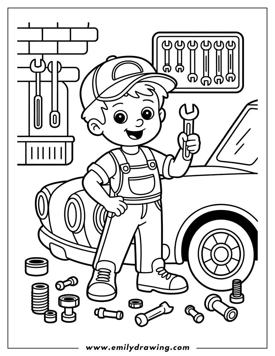 Line art of a boy wearing overalls and a cap, holding a wrench and standing next to a car.  Various car parts are scattered on the floor around him.