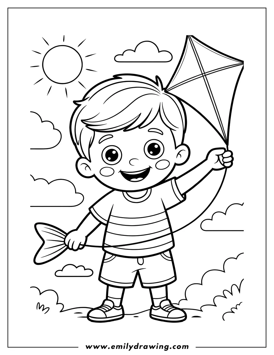 Line art of a boy flying a kite on a sunny day. He is smiling and holding the kite string. There are clouds in the sky.