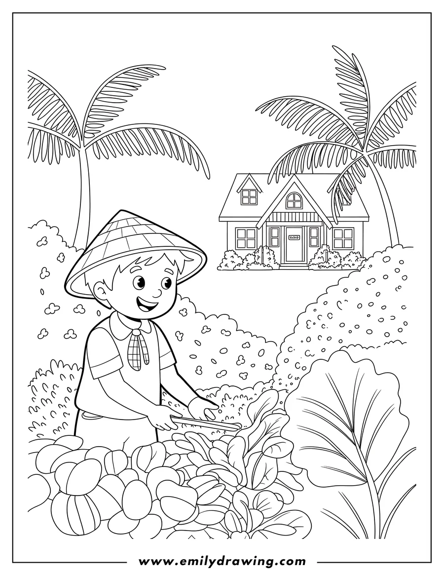 Line art of a boy wearing a conical hat, harvesting vegetables in a garden.  A house and palm trees are visible in the background.