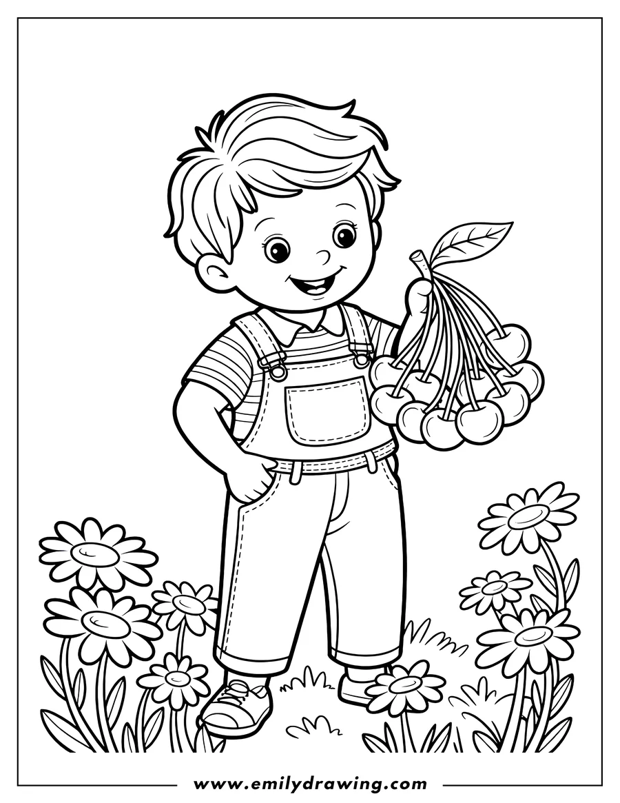 Line art of a boy holding a large bunch of cherries, standing in a field of daisies.