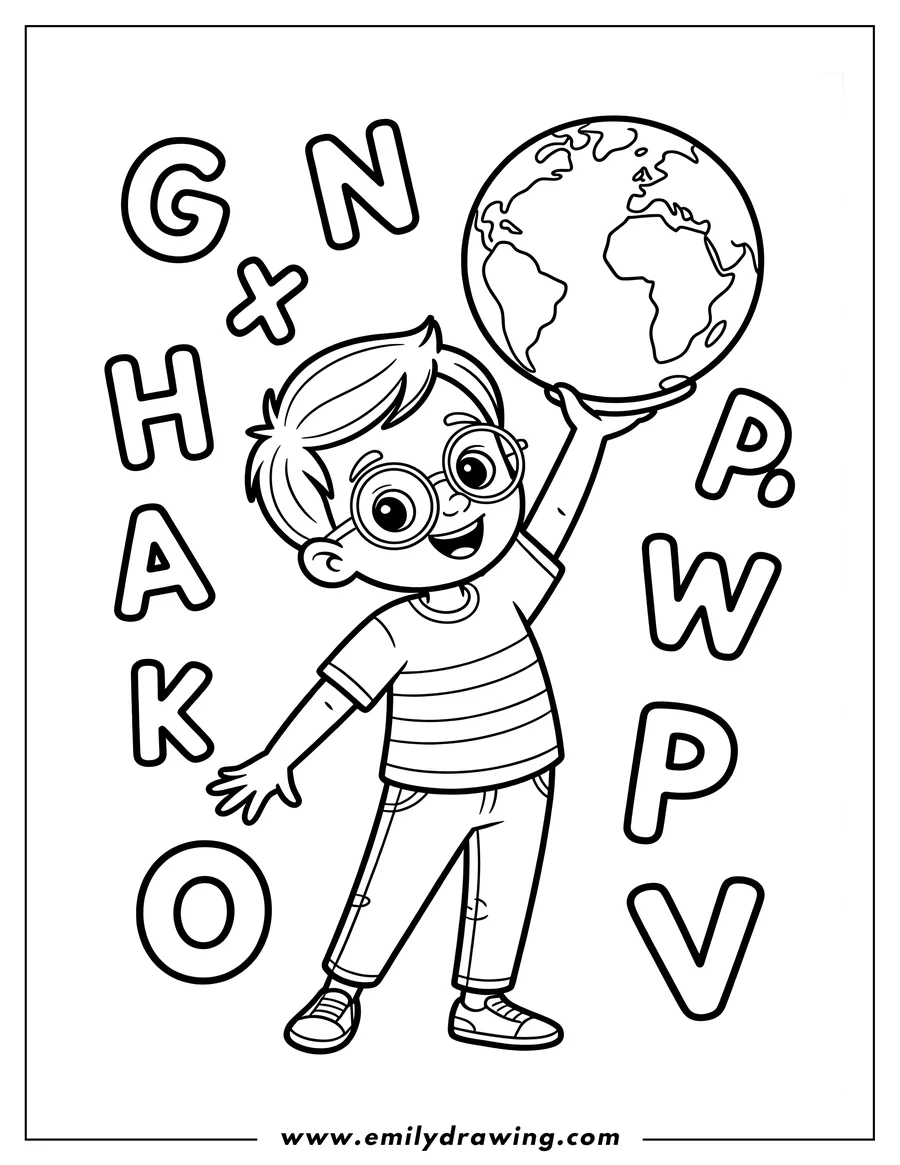 Line art of a boy holding a globe above his head. He is wearing glasses and a striped shirt.