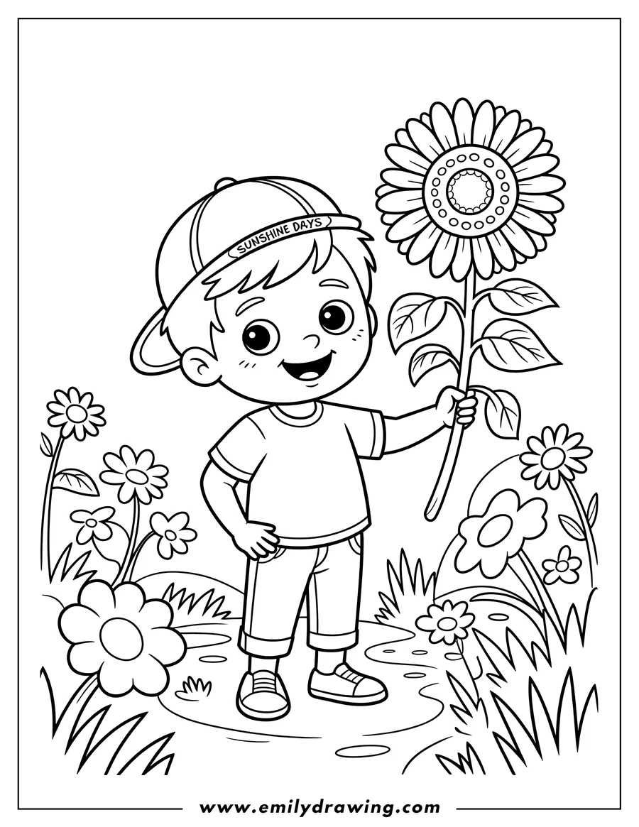 Outline of a smiling boy holding a large sunflower in a field of smaller flowers.