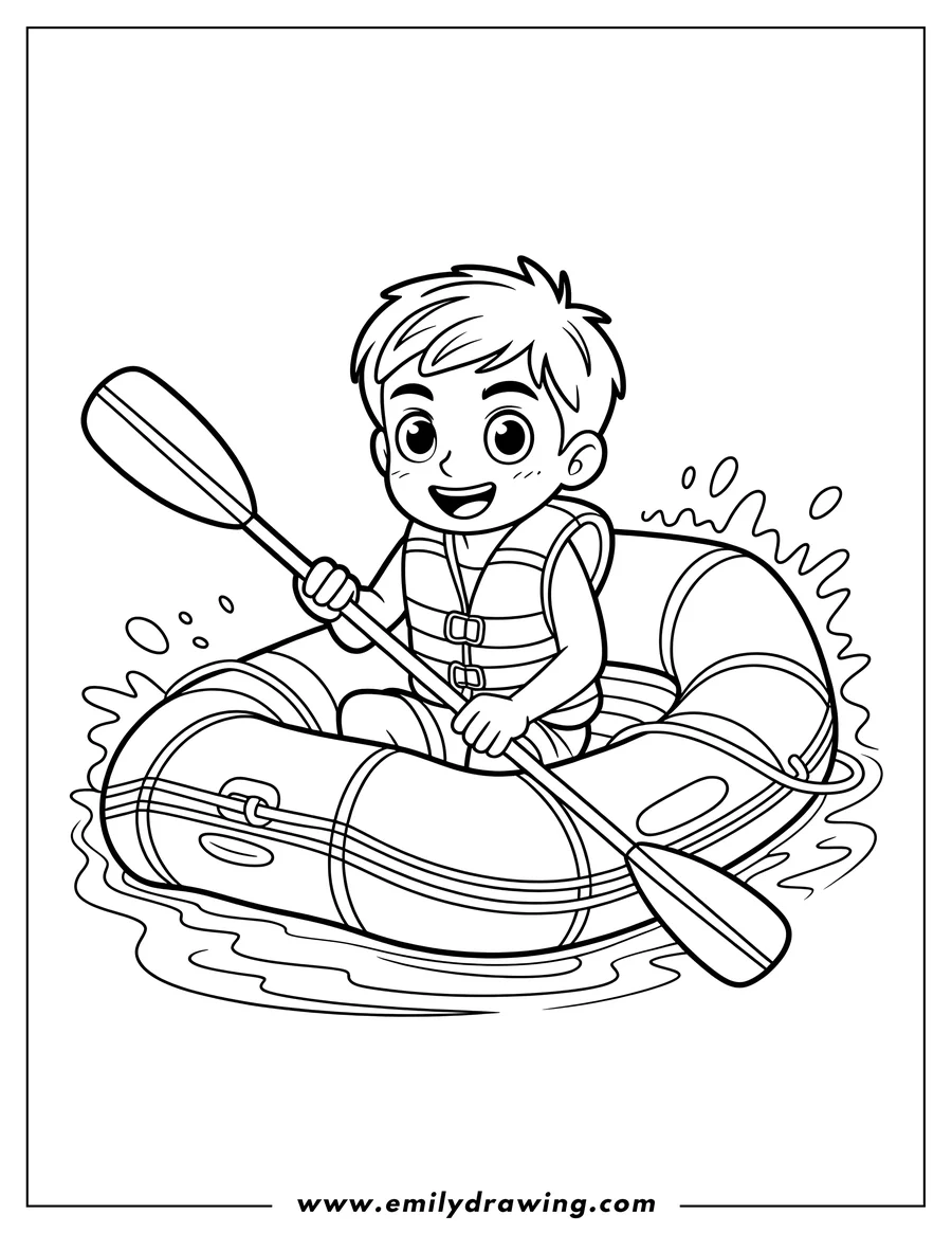 Outline of a boy with a life vest paddling an inflatable raft