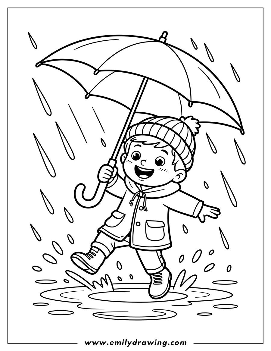 Outline of a boy with an umbrella and raincoat happily jumping in puddles in the rain.