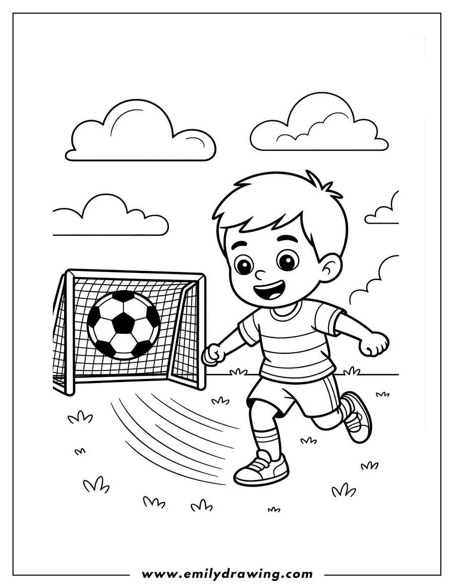 Line art of a boy kicking a soccer ball towards a net. He's wearing a striped shirt and shorts, and his feet are off the ground mid-kick.