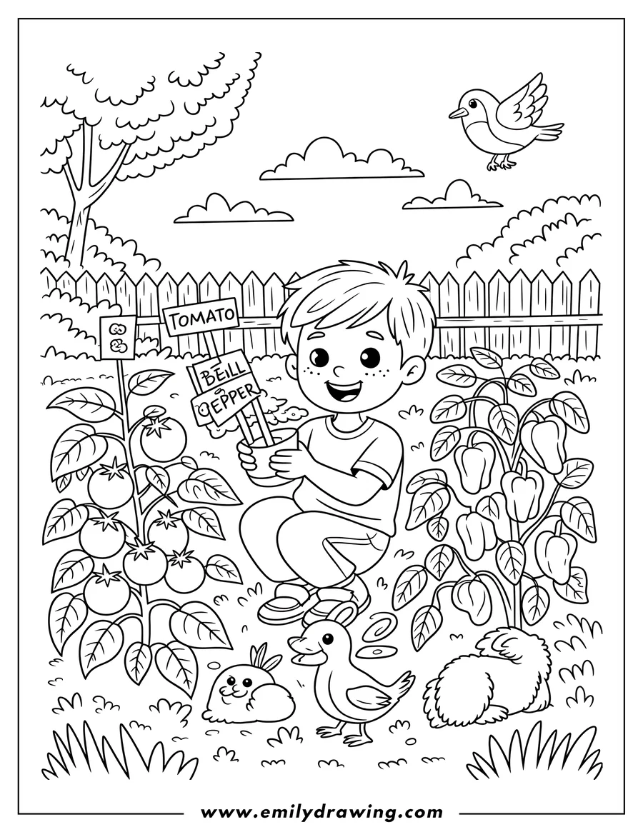 Line art of a boy planting a pepper seedling in the garden, with tomato plants, two bunnies, and a duckling nearby.