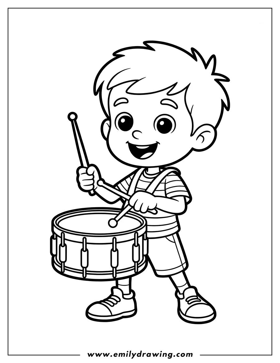 Line art of a boy playing the drums. He's smiling and holding drumsticks.