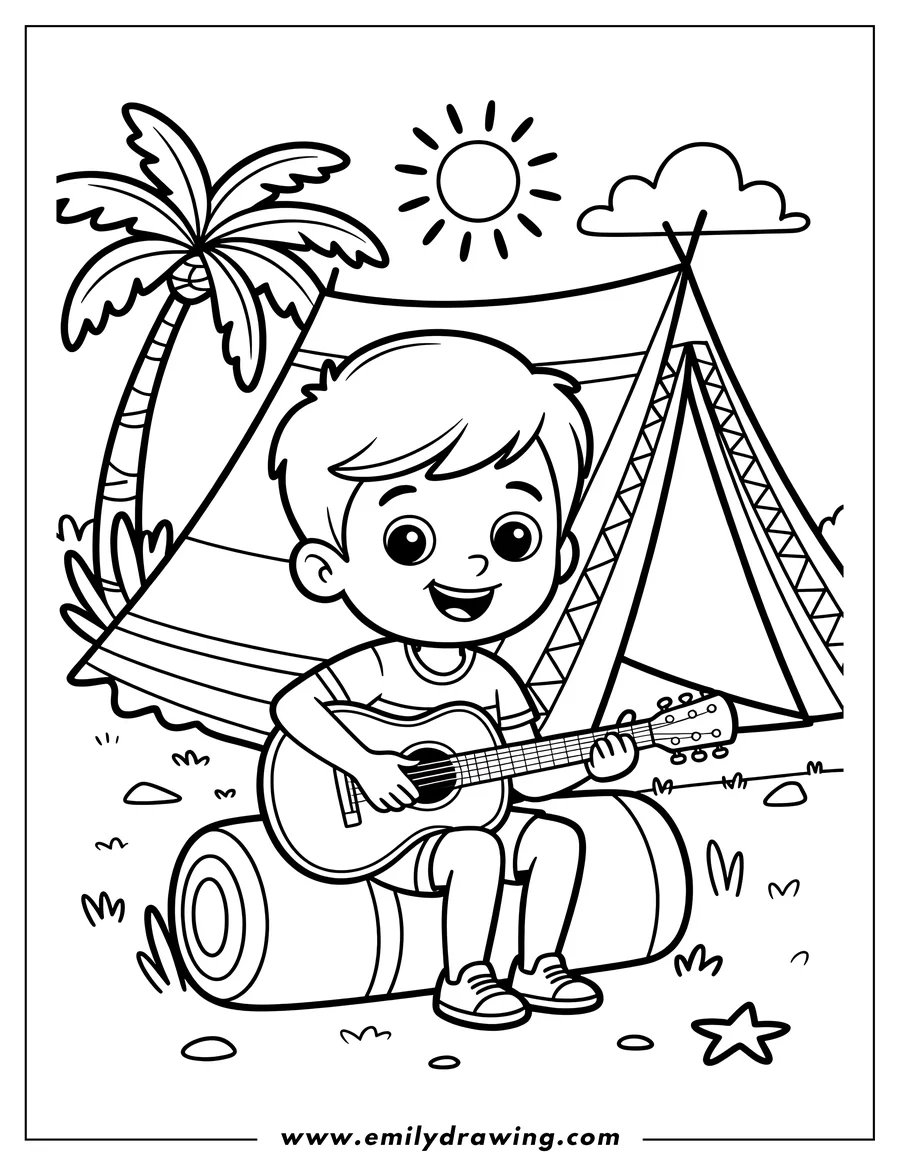 Line art of a boy playing guitar at a campsite. He is sitting on a sleeping bag near a tent with a palm tree in the background.