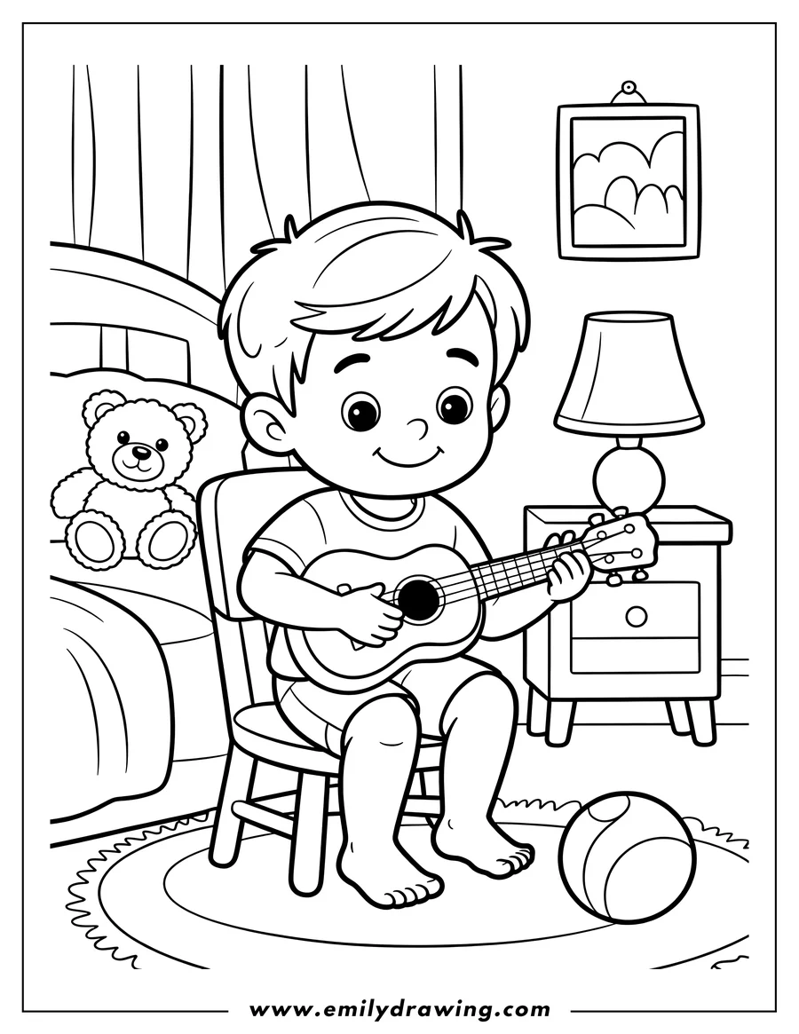 Outline of a boy sitting on a chair in his bedroom, playing a ukulele. A teddy bear sits on the bed in the background.
