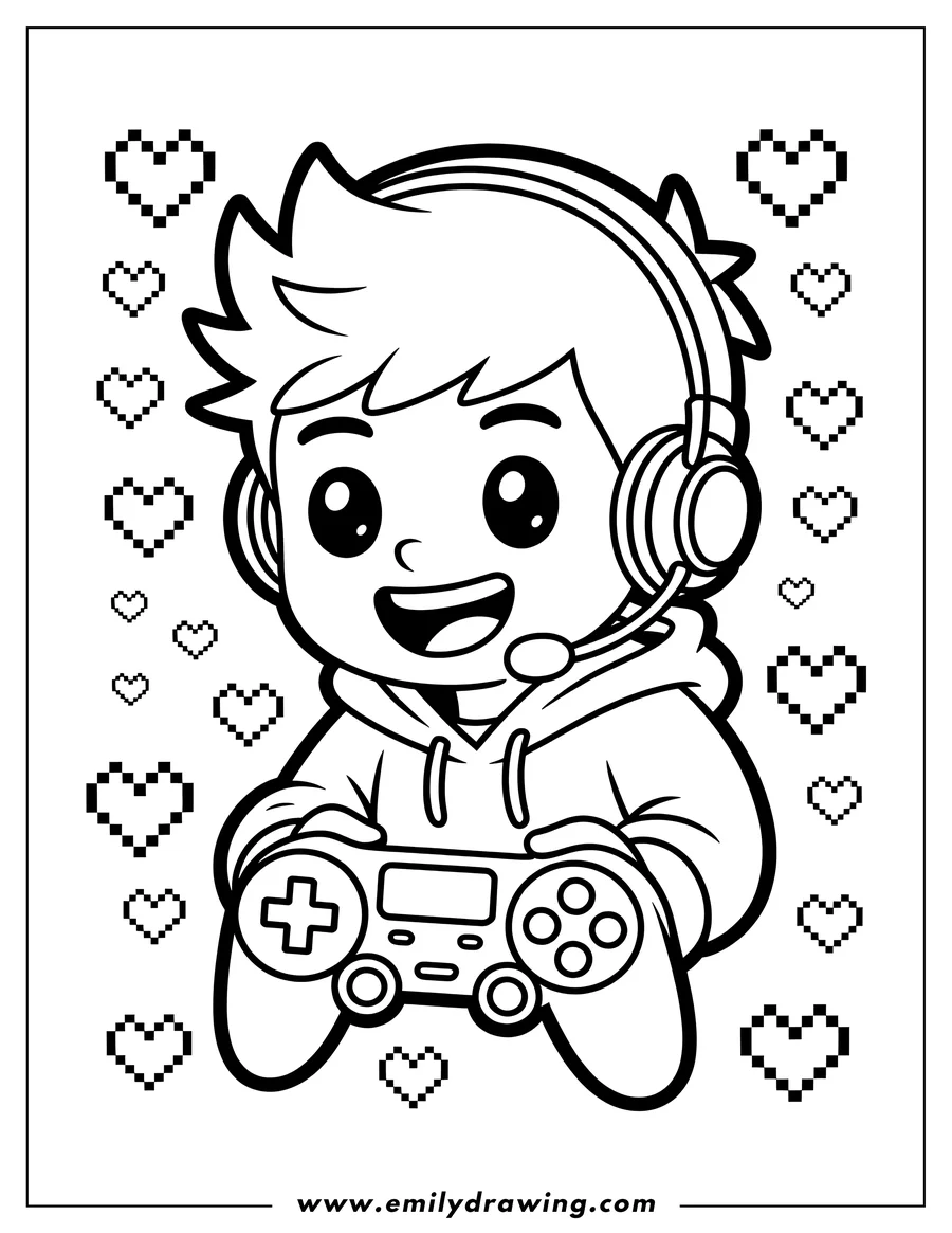 Line art of a young boy with a headset, smiling and holding a video game controller, surrounded by pixelated hearts.
