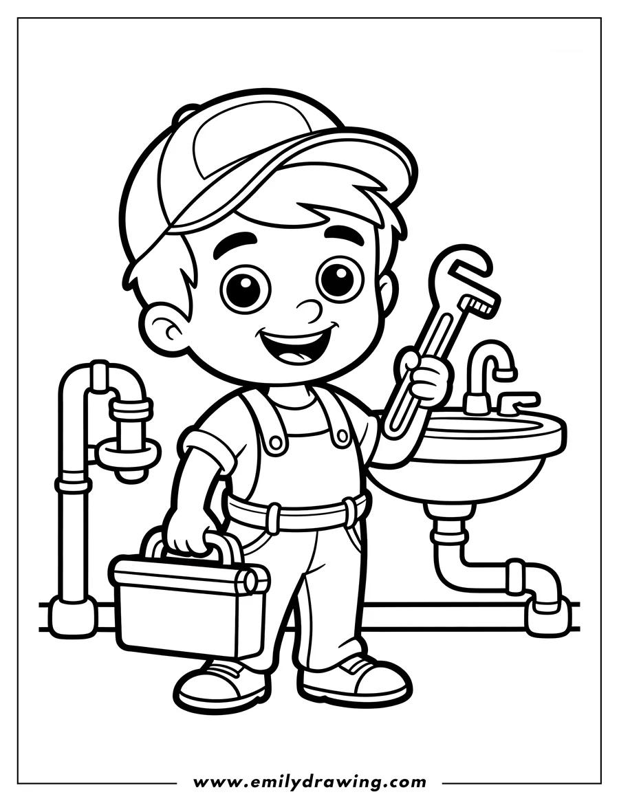 Outline of a young boy dressed as a plumber, holding a wrench and toolbox near a sink and pipes.