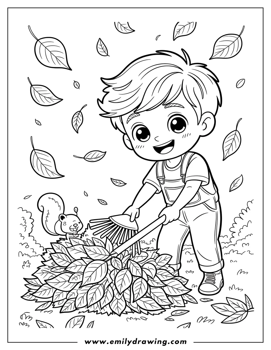 Line art of a boy raking leaves into a pile, with falling leaves around him and a squirrel watching nearby.
